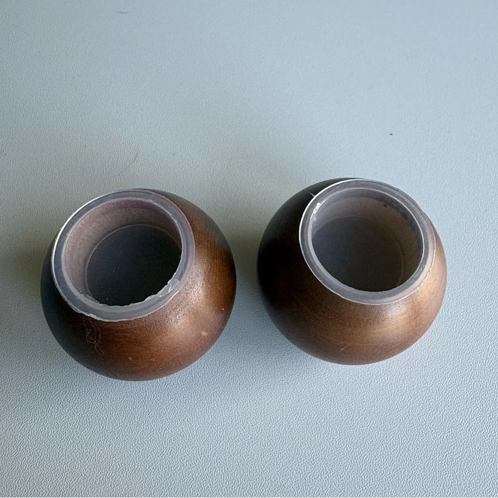 Mid-Century Modern wood salt and pepper shakers set with 4 wooden napkin rings